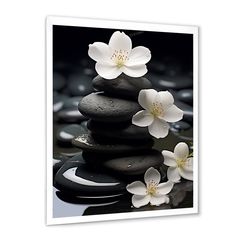 Zen Zen Serenity fleurs blanches pierre noire Cairn - impressions spirituelles sur pierre, Blanc, H 40 po x l 30 po