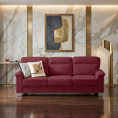 Canapé 3 places 82 po en velours d'inspiration Chesterfield avec accoudoirs roulés et garniture cloutée 82 po