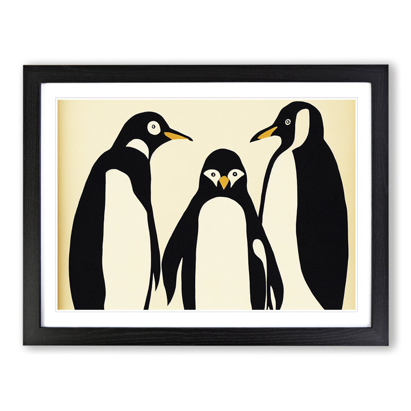 Three Penguins Abstract - Single Picture Frame Print, Black Framed, 46cm H x 64cm W x 2cm D