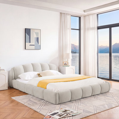 Queen Size Elegant Chenille Upholstered Platform Bed Frame, Thick Curved Headboard & Wrapped Footboard, Low Profile Floor Bed, No Box Spring Required, Easy Assembly, Beige (68''×92.7''×26.8'')