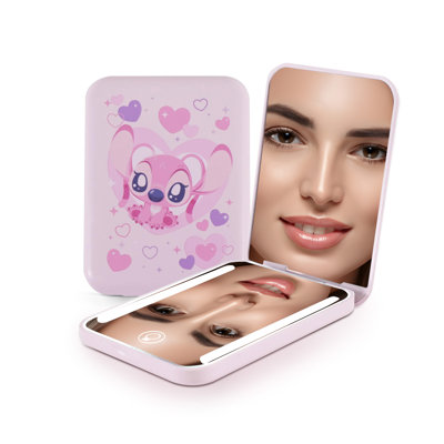 Impressions Vanity Stitch Angel Love Mini Travel Compact Mirror With Lights, 2X Magnifying Mirror Top, Disney Angel Artwork