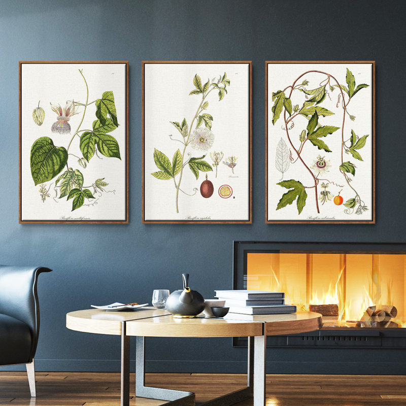 «Passion Flower Trio I», ensemble de 3 toiles encadrées, H 40 po x l 78 po, Noyer