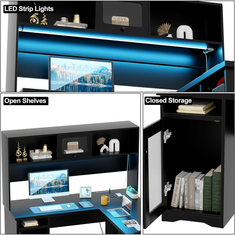 Black L-Shaped Executive Desk with Hutch and Power Outlet