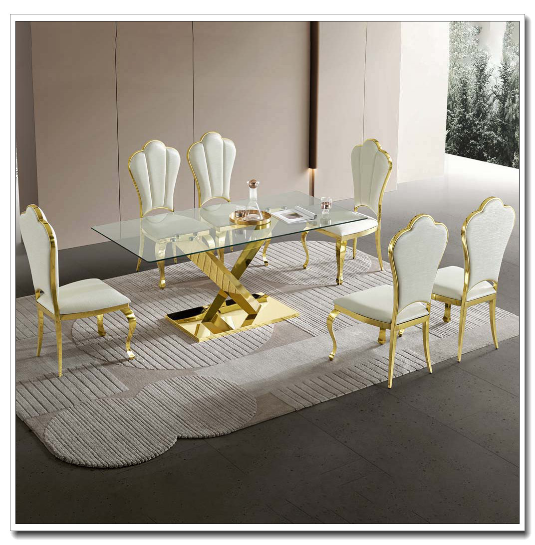 Latitude Run® Gold stainless steel dining table 70.08 inch clear ...