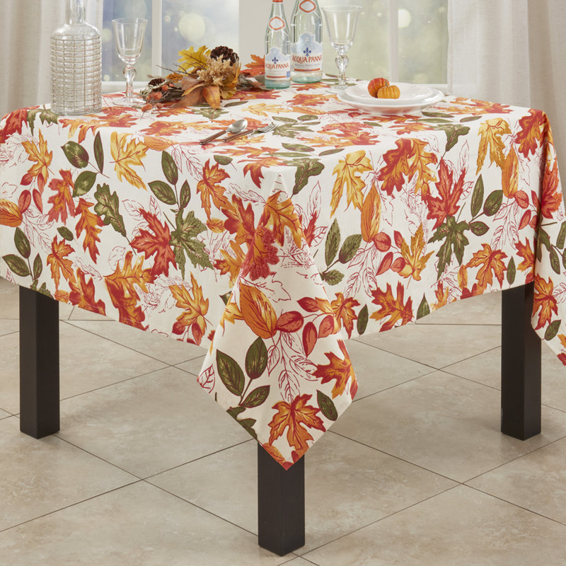 Multicolored Holiday Embroidered Autumn Leaves 100% Cotton Tablecloth 65 X 65 Inch