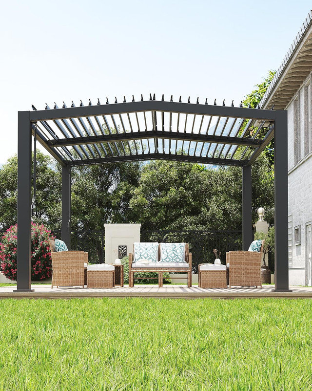 11x13ft Louvered Pergola, Adjustable Aluminum Roof & Integrated Drainage for Patio Deck, Gray, Silver