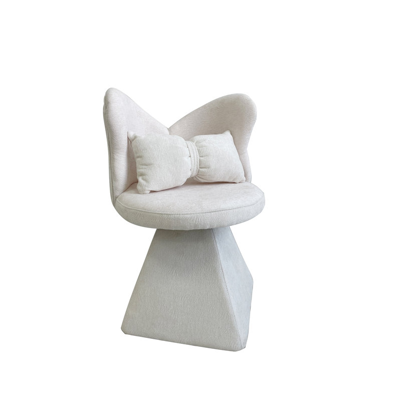 White Fabric Swivel Vanity Chair with Butterfly Back Design and Triangular Base for Bedroom or Dressing Room