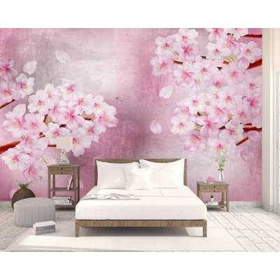 Romantic Cherry Blossom Wallpaper on Weathered Pink Textured Background for Home Decor
