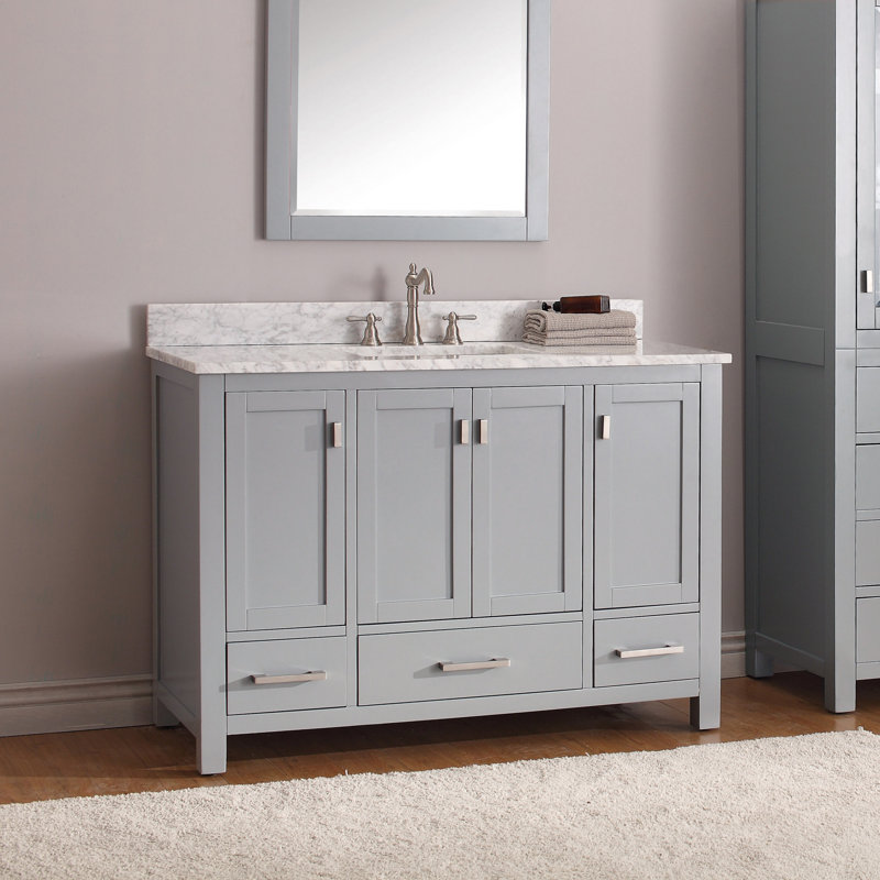 Modero 48" Single Bathroom Vanity with Top, Chilled Gray, Carrera White Marble, Brushed Nickel