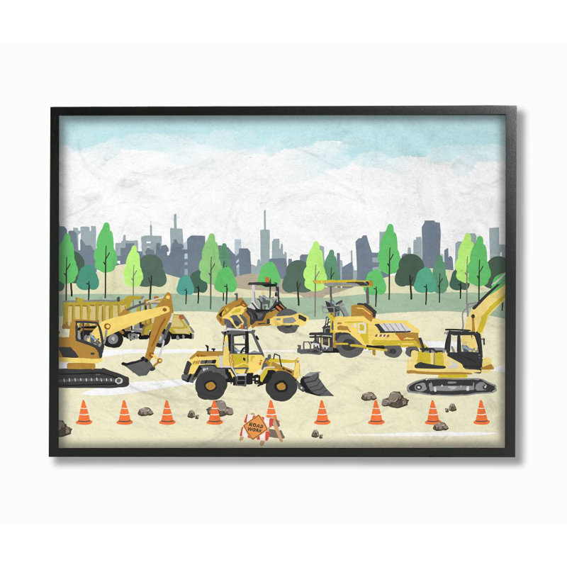 Caricature de véhicules de construction Bivens, Giclée encadrée noir minuit, H 11 po x l 14 po x P 1,5 po
