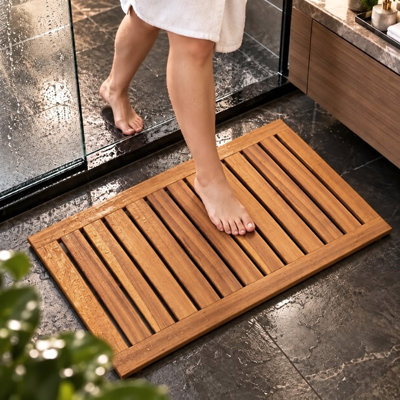 32'' L Teak Bath Mat with Non-Slip Feet, Slatted Teak Wood Shower Mat for Indoor & Outdoor Use