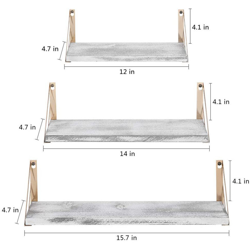 Ensemble de 3 tablettes de rangement flottantes en bois avec planche de bois blanc carbonisé