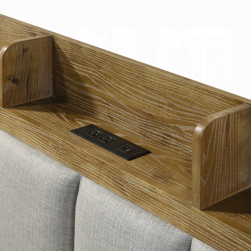 Grand lit transitionnel avec tête de lit tapissier et ports USB, structure en bois au fini brun clair Aspen, Grand lit