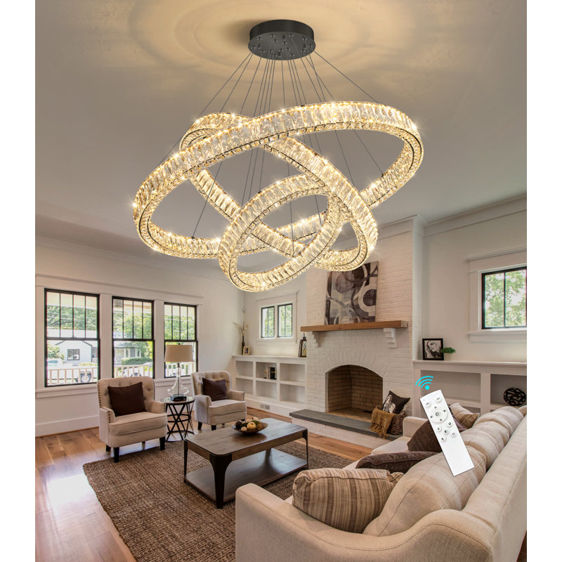 Large Dimmable Chandelier Led Crystal Rings, Matte Black, 78" H x 39.4" W x 39.4" D