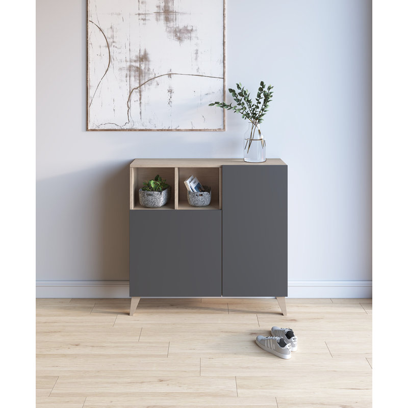12 Pair Shoe Storage Cabinet, Light Oak/Jet Black