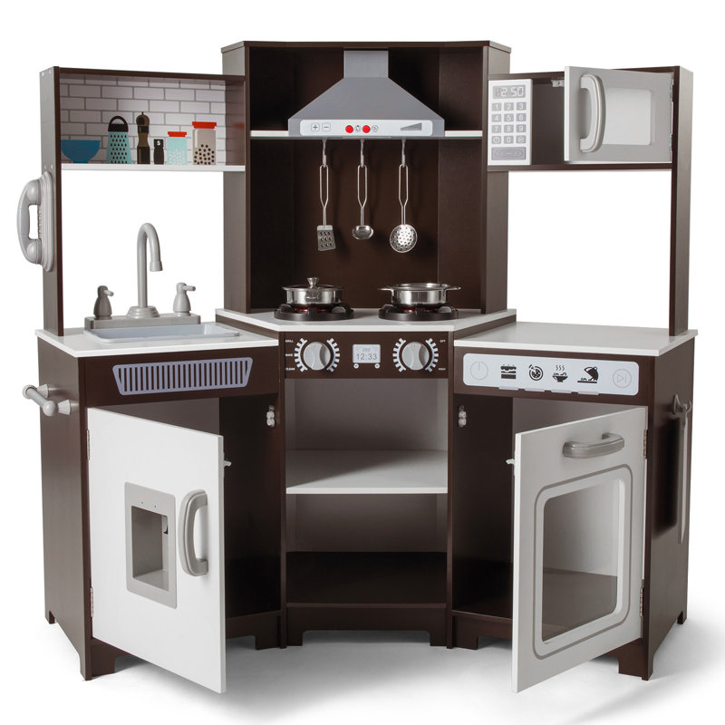 Brown and White Wooden Kids Play Kitchen Set with Accessories