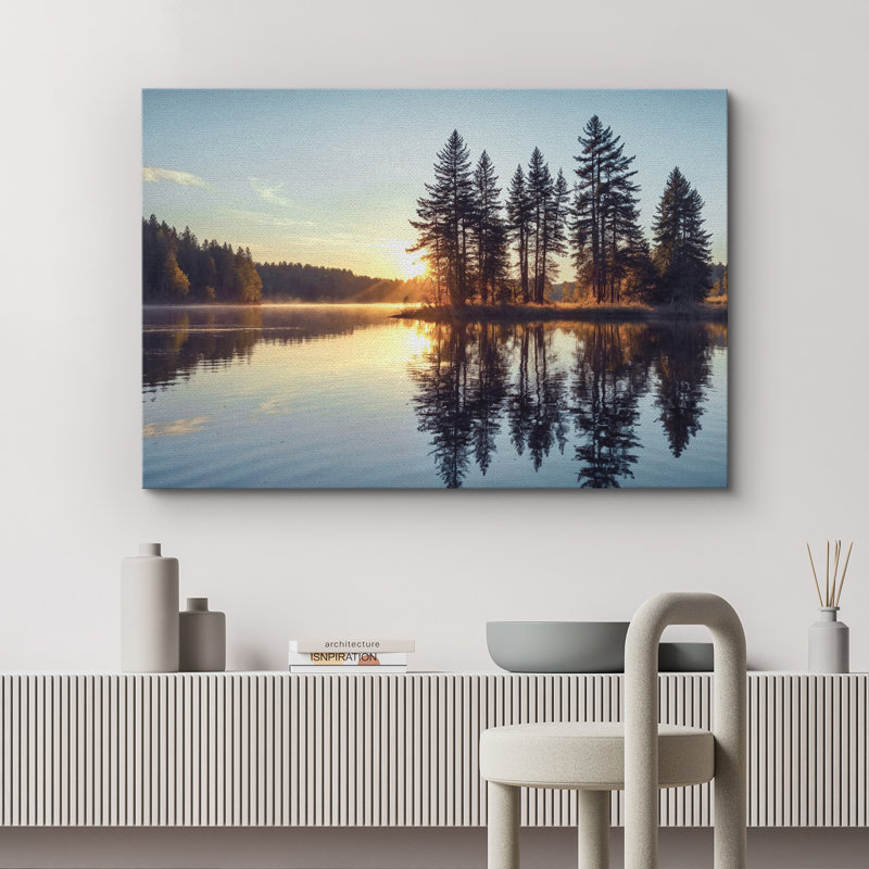 Lever de soleil sur le lac, arbres sereins, calme et sérénité, Toile tendue, H 32 po x l 48 po