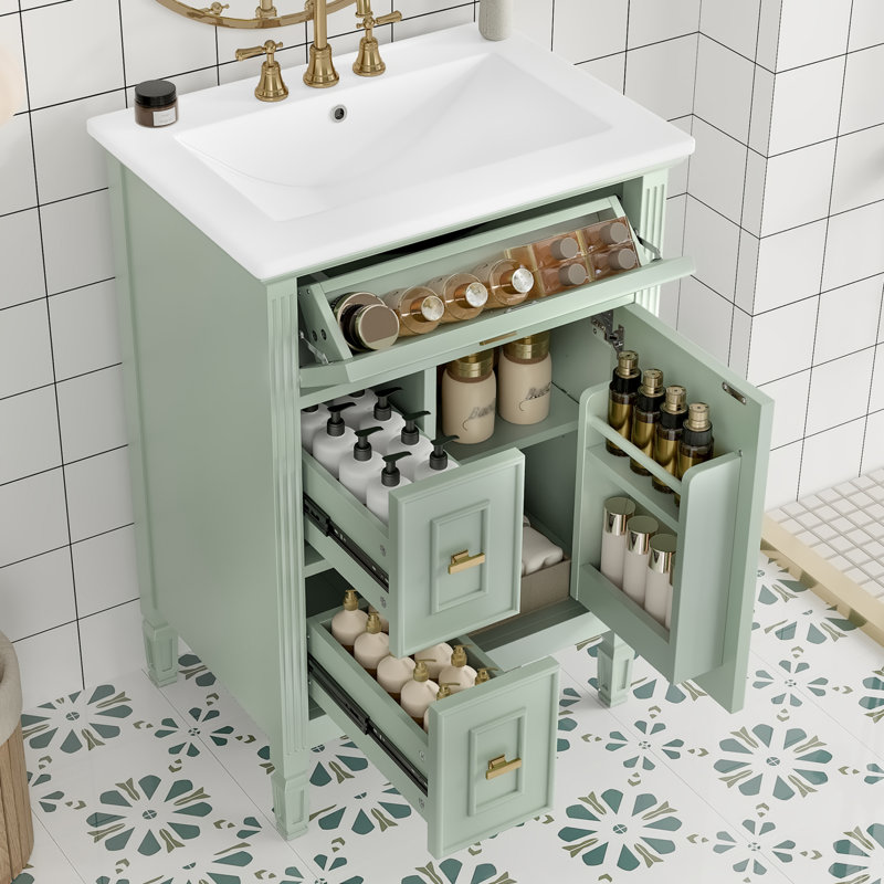 24"W Freestanding Single Vanity with Ceramic Sink Top, Drawers and An Adjustable Shelf, Green