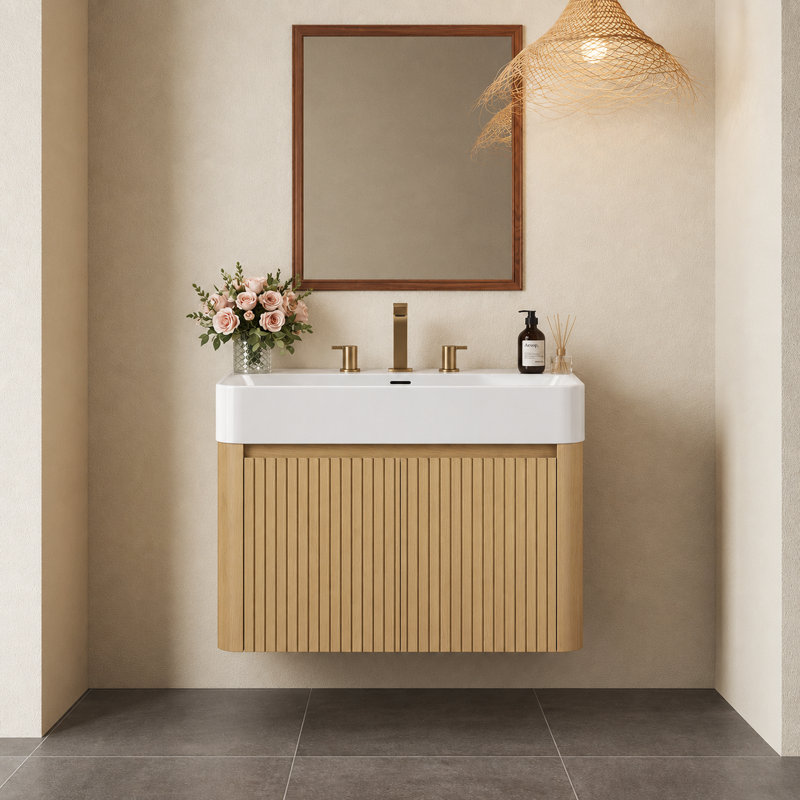 Meuble-lavabo mural avec lavabo en céramique intégré, armoire de rangement suspendue avec 3 trous prépercés pour robinetterie, chêne