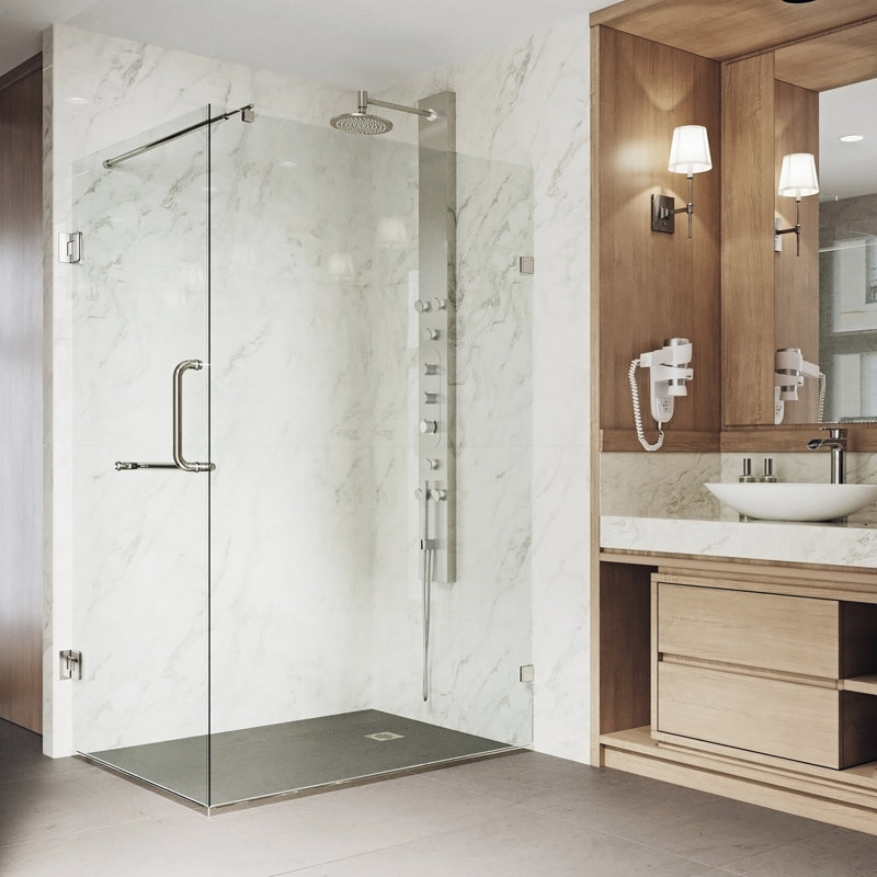 Cabine de douche à charnière sans cadre avec verre transparent 3/8 l 34 po x P 46 po x H 73 po Pacifica, Nickel brossé