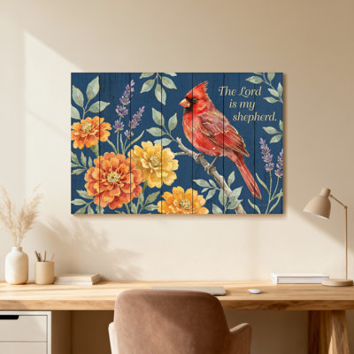 Cardinal à motif floral sur fond de bois