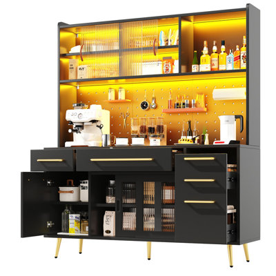 White Tall Cabinet with LED Lighting, with Perforated Wall, Drawer & Glass Shelves, Sideboard for Kitchen and Living Room