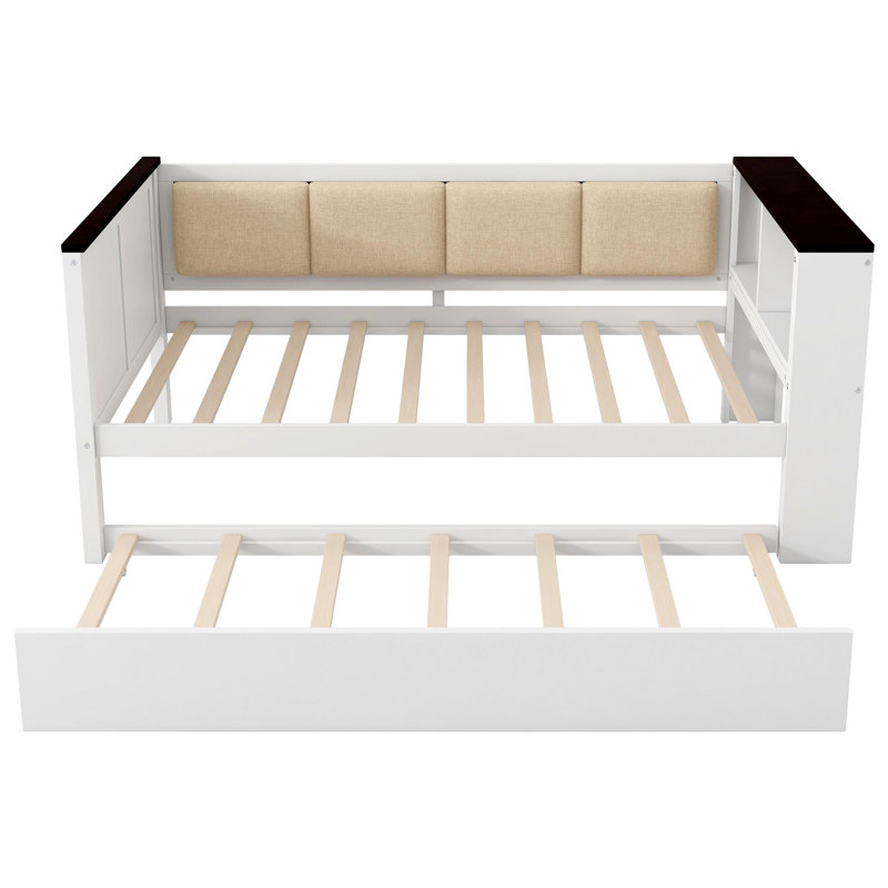 Twin Size Wood Daybed With Storage Shelves, Upholstered Backrest,USB And Trundle, White, Twin