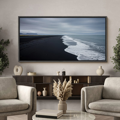 Black Sand Beach and Ocean Waves Framed Canvas Wall Art - Minimalist Coastal Photography for Modern or Nautical-Inspired Interiors