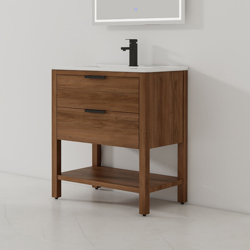 Meuble-lavabo de salle de bain autoportant 30 po en noyer naturel avec plateau en céramique Presenza Montana, 30"