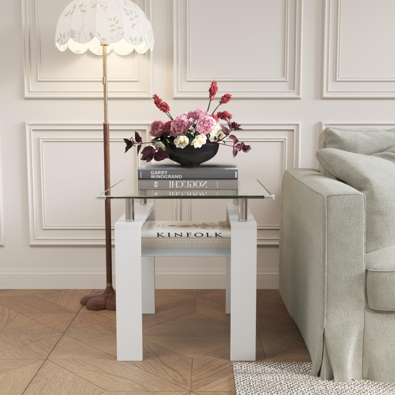 Arol 24" Square Glass End Table With Storage Shelf, White