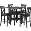 Ensemble de salle à manger 5 pièces hauteur comptoir : table noire avec étagères et 4 chaises, plateaux en similicuir et sièges de chaises rembourrées