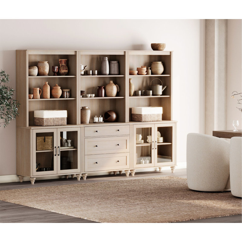 72.1'' Tall Kitchen Pantry Cabinet With 3 Drawers And 4 Glass Doors, Light Oak