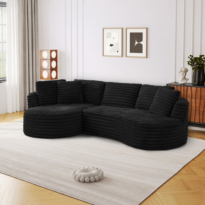 Compression Packed Chaise Curved Corduroy Sectional Sofa, Extra Large Deep Seats, Modular Layout, No Assembly, Black Corduroy
