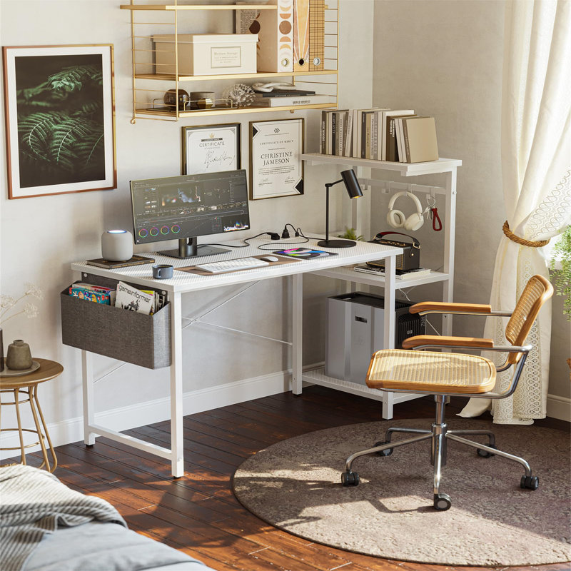 Metal Base Computer Desk with Power Outlet, White