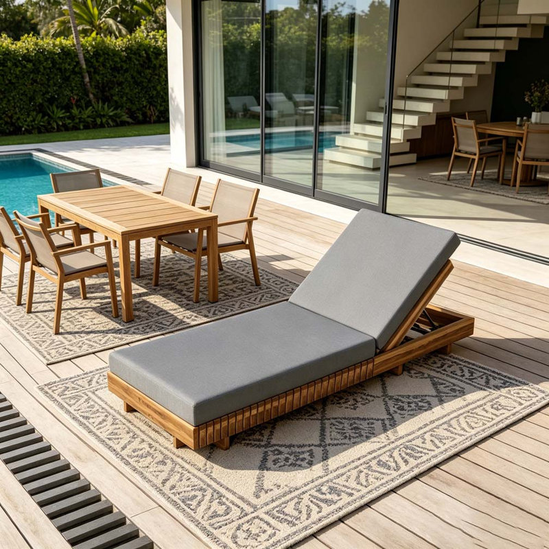 Méridienne en bois massif, Teak+Dark Grey Cushion