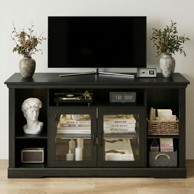 Retro TV Stand with Storage Cabinet and Open Shelves for Living Room, Bedroom