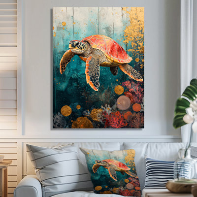 Aquarelle colorée avec une tortue au-dessus d'un corail
