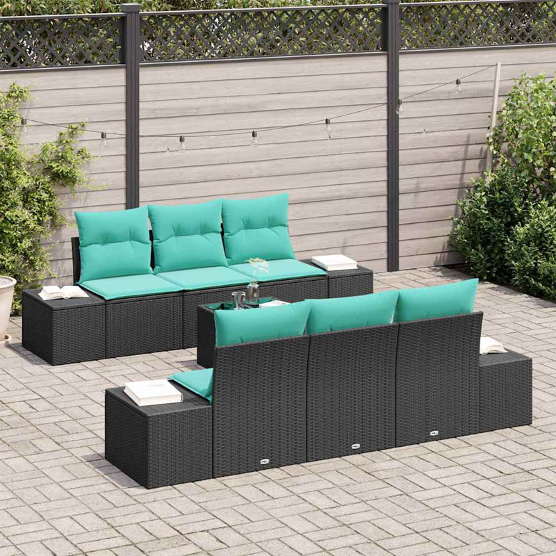 Ensemble de canapé vidaXL avec coussin 7 pièces synthétique noir: rotin de polyester, Coussin bleu / cadre noir