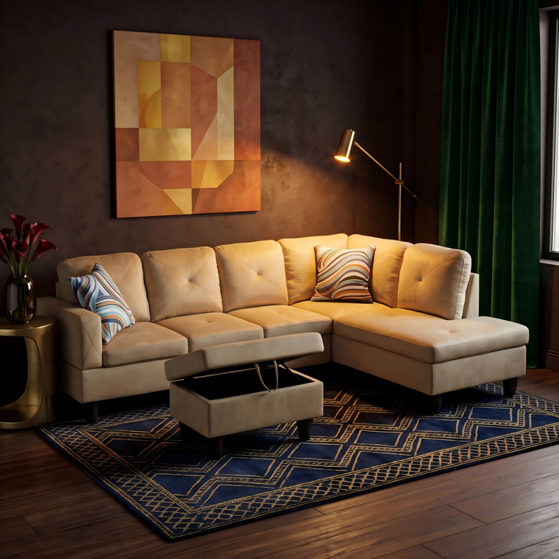 Canapé modulaire rembourré réversible avec repose-pieds, Beige Flannel, Right Hand Facing
