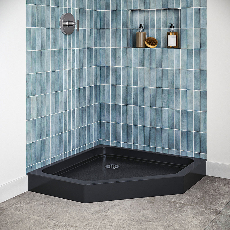 36 in. x 36 in. Corner Acrylic Shower Base in Glossy Black With Corner Drain, Drain Included, Glossy Black