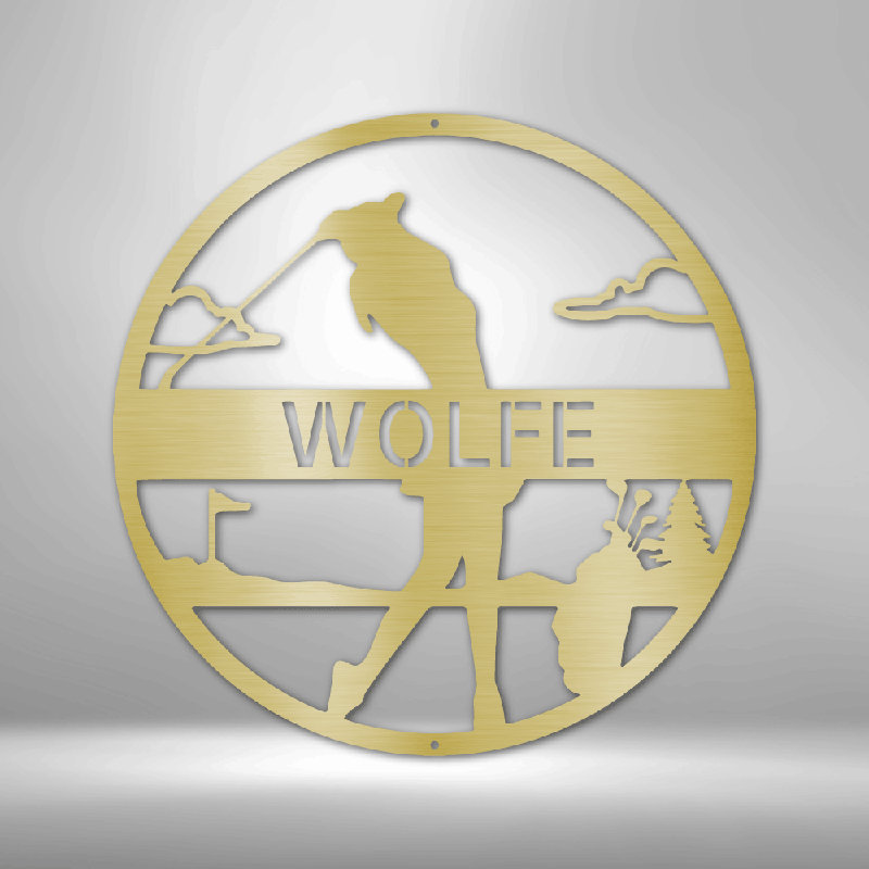 Monogramme de golfeuse personnalisable, panneau en acier, décoration murale en métal, H 14,25 po x l 14,5 po x P 0,5 po, Doré