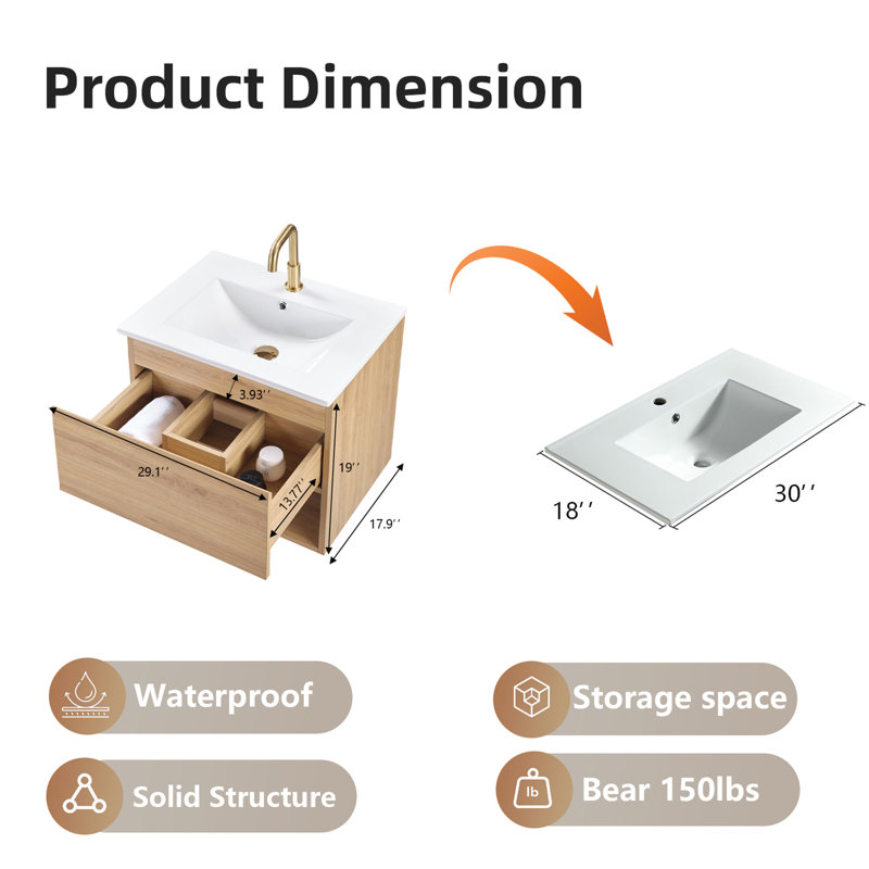 Ensemble de meuble-lavabo mural moderne 24 po et 30 po avec lavabos de comptoir et tiroirs à fermeture en douceur avec rangement ouvert