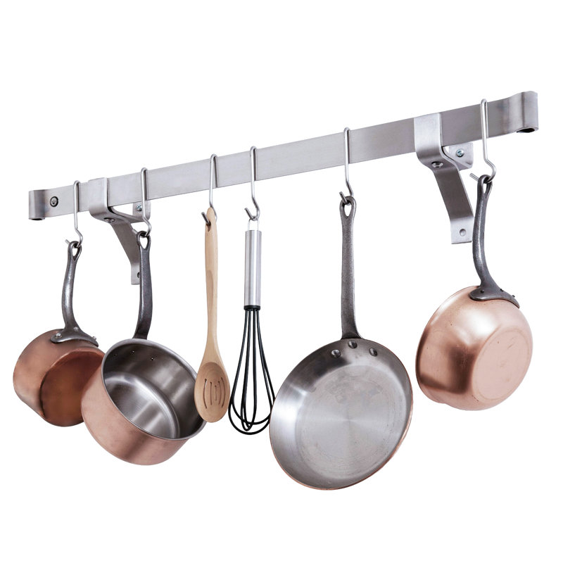 Rolled End Bar Handcrafted Wall Bracket Pot Rack, 4.75" H x 36" W x 6.25", Stainless Steel