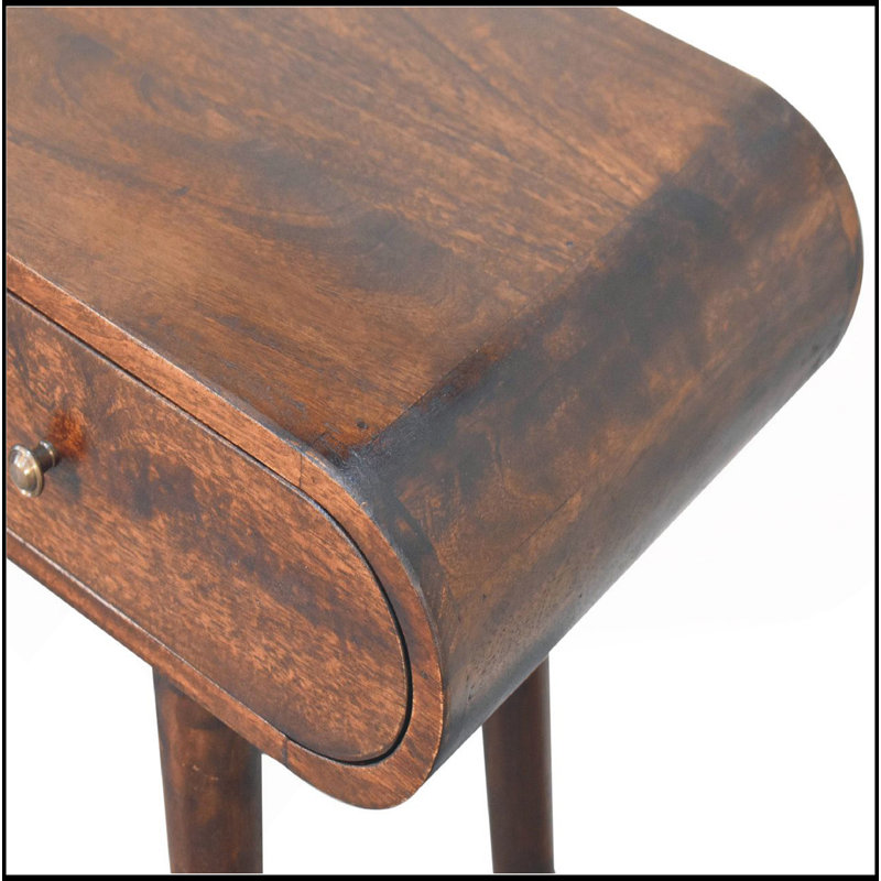 Console en bois massif noyer clair à bord courbé, 2 tiroirs, pieds nordiques, brun foncé