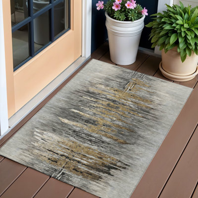 Tapis extérieur lavable abstrait gris anthracite et argent 3 pi x 5 pi