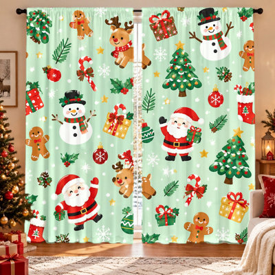 2 pièces de rideaux de Noël, mignon père Noël bonhomme de neige, renne, bonhomme de pain d'épice, bonbon, canne, impression de filtrage de la lumière, protection de la vie privée, conception à passe-tringle, lavable à la machine, convient au salon, à la chambre à coucher, aux enfants, décoration