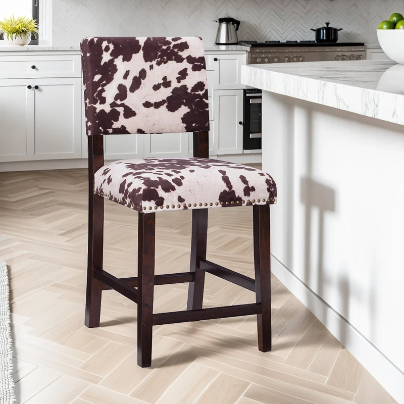 Corey Upholstered Nailhead Trim Counter and Bar Stool, Counter Stool (24" Seat Height), Ivory/Brown