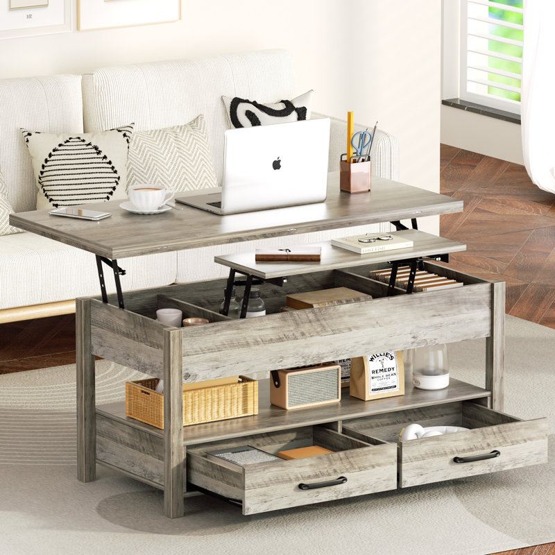 Lift Top Coffee Table, 3-in-1 Multifunctional Coffee Table with Drawers and Hidden Compartments