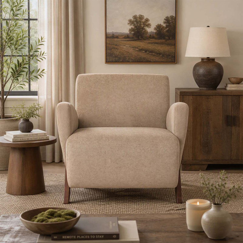 Fauteuil lounge ultracompact en velours de 71,5 cm avec pieds en bouleau, idéal pour les petits espaces et les décors modernes, beige foncé