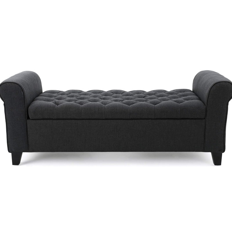 Banc de rangement contemporain en tissu avec accoudoirs à boutons et accoudoirs roulés, gris foncé, Gris foncé